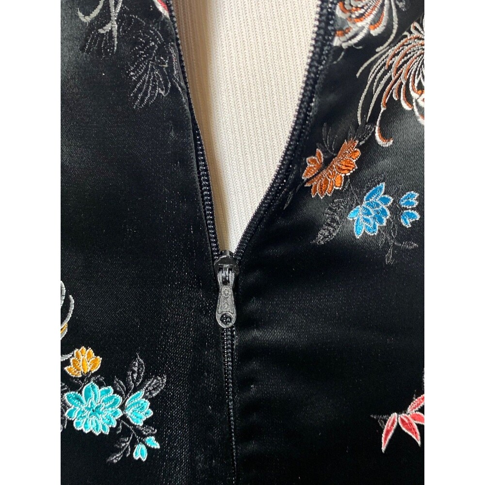 Vtg 70s Chinese Cheongsam Qipao Maxi Dress Black Floral Satin Rainbow Lining 38 - Picture 12 of 13